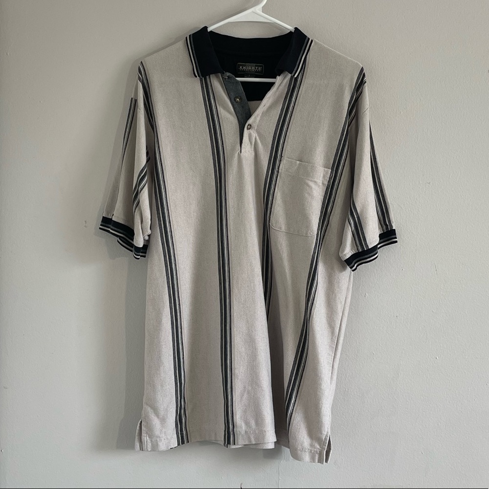 Knights Sportswear Mens Short Sleeve Button Polo Shirt Black Vertical Stripe